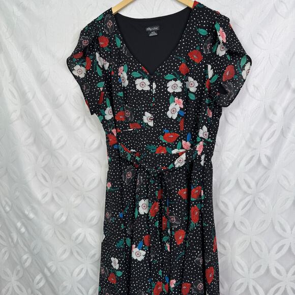 City Chic Rockabilly Polka Dot Red Floral Dress Women's Plus Size M/18 - Picture 2 of 7